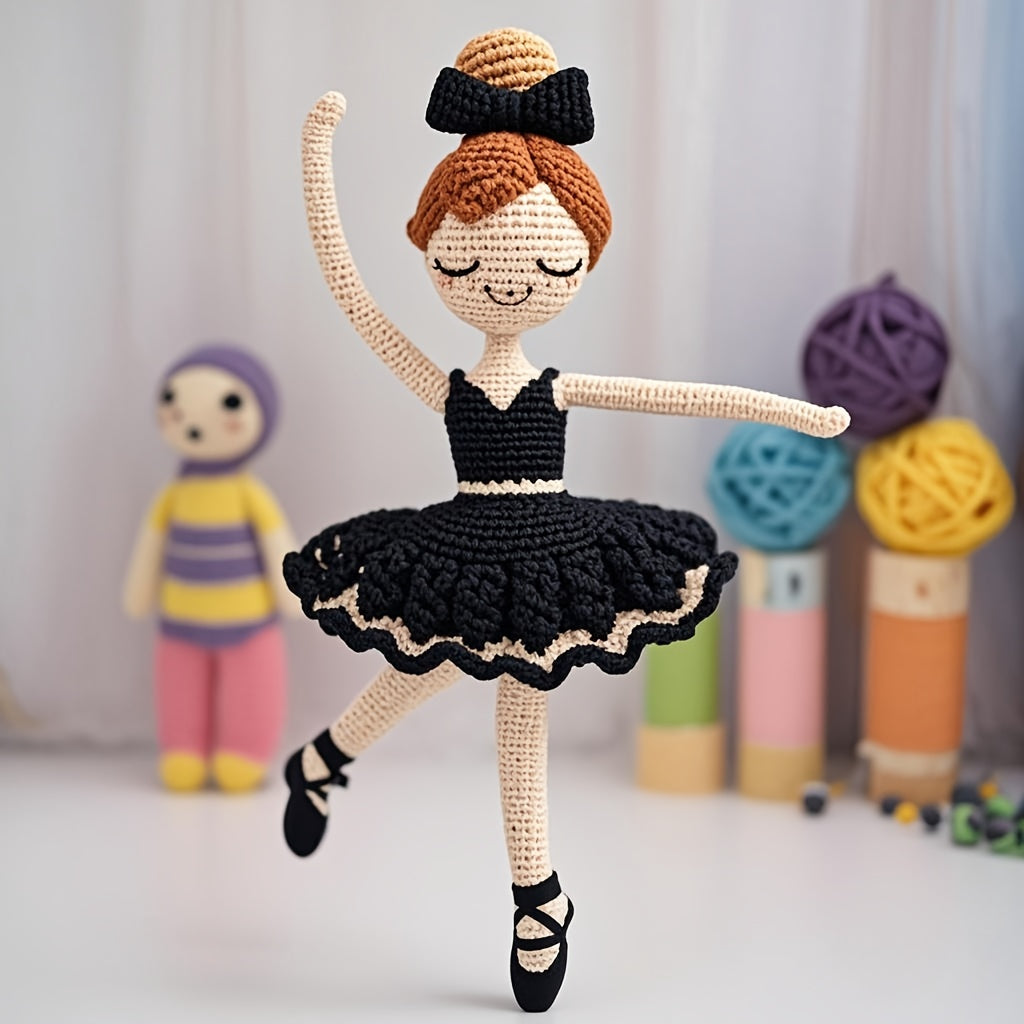 Beautiful Girl Wearing Black Ballet Dance Costume with Black Bow on Head,Adult DIY Crochet Kit with Yarn、Hook and Step-by-Step Video Tutorial,Home Decor and Birthday/Valentine's Day gift of choice