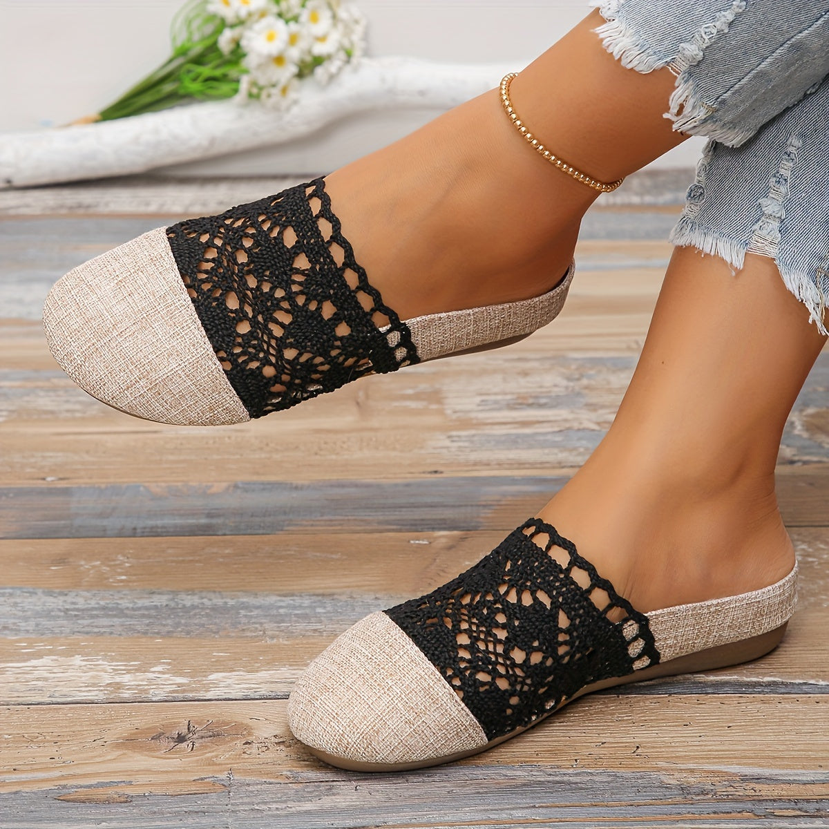 Women'S Casual Slip-On Mules - Breathable Linen and Mesh Summer Sandals, Flat Heel, Lightweight TPR Sole, Outdoor Comfort, Crochet Shoe Design | Knitted Texture Footwear, Comfortable Footwear | Crochet Pattern | Breathable Sandals