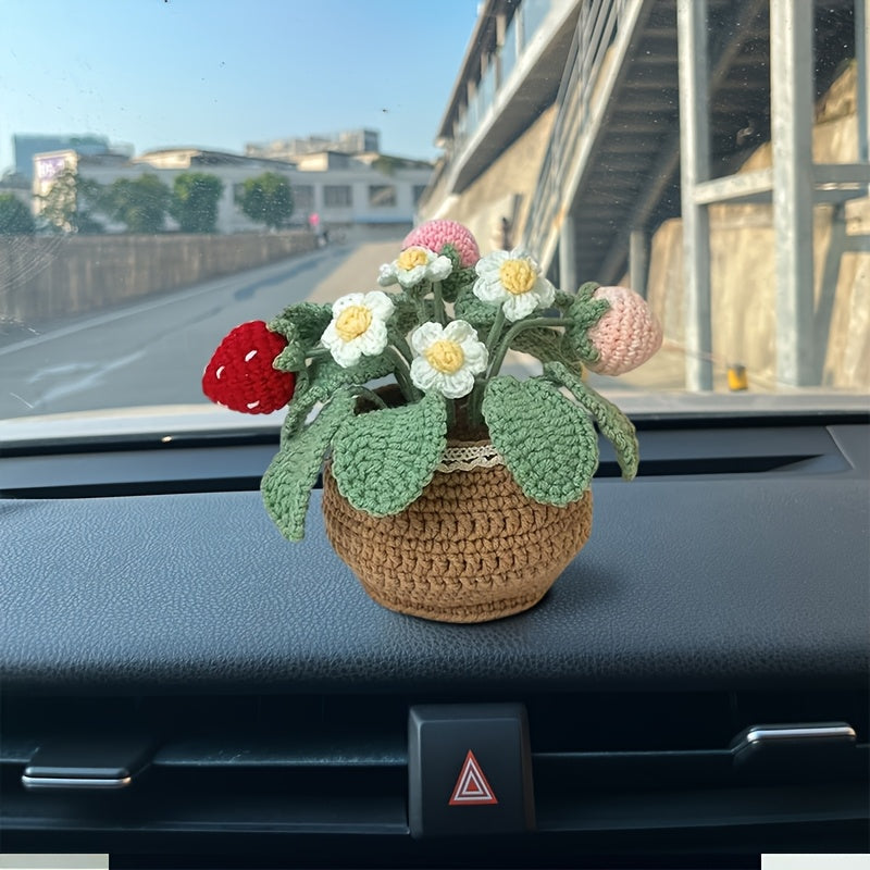 1Handwoven Strawberry and White Flower Pot Plant - Eternal Fabric Flowers,Lucky Strawberry for Car and Home Decoration