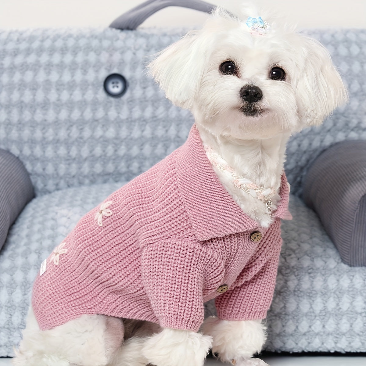 1Soft Knitted Pet Sweater,With floral button closure - All-Season Small Dog and Cat Cardigan,Pink and white edge design,Durable and Comfortable Pet Clothing,Exquisite Sewing,Breathable Material,Exclusive for Cat Lovers