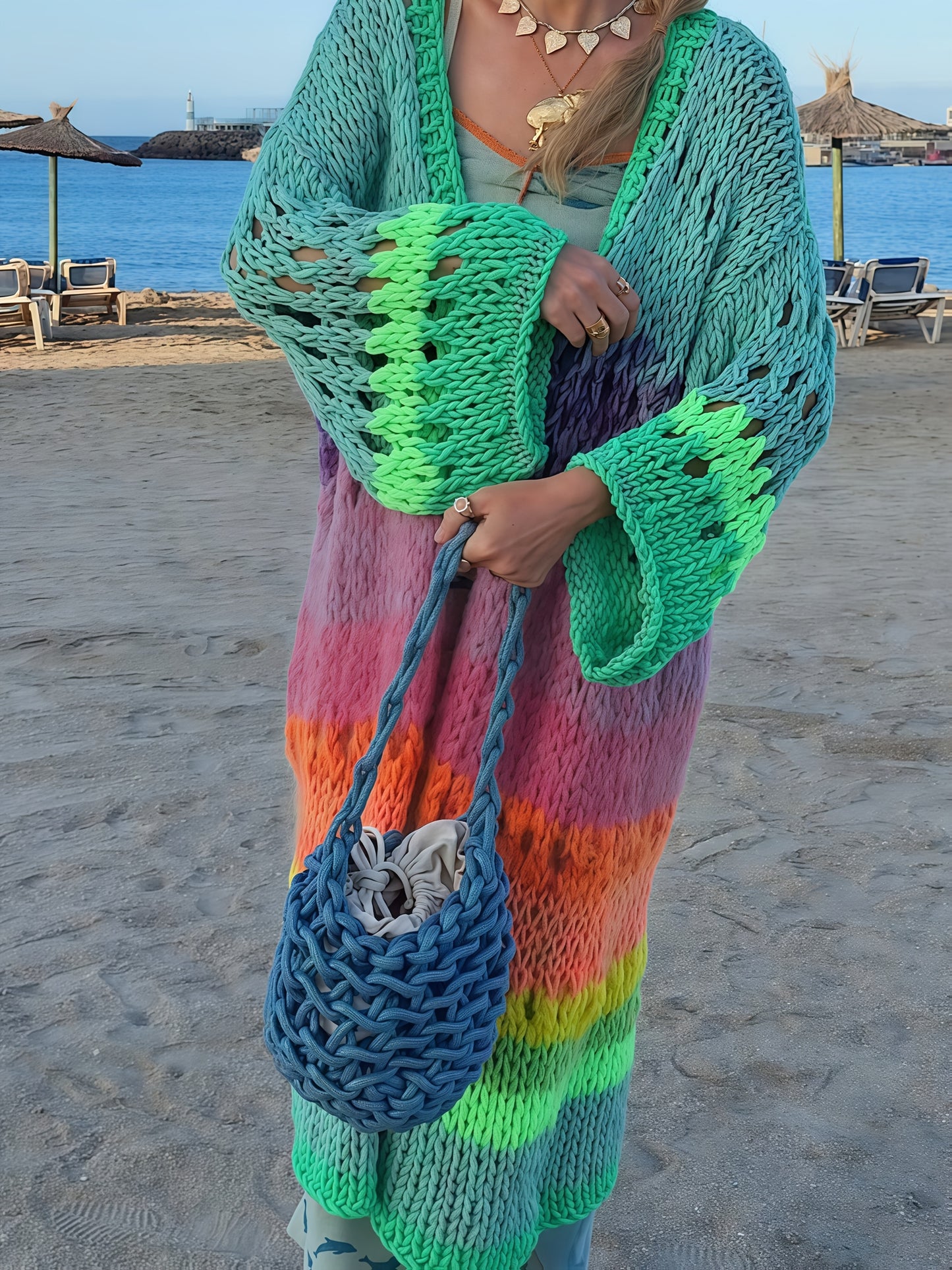 Luxurious hand- colorful Women's warm coat gradient bright color retro lantern sleeve ribbon cardigan fashionable boho long chic Women's coat Swimsuit Cover-ups K12