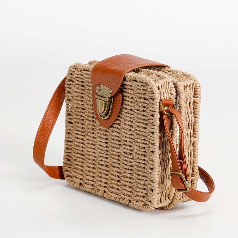 Vintage Mori Style Beige Woven Square Handbag Brown Leather Flip Metal Buckle Lock Commute Leisure Dual-Use Tote Bag