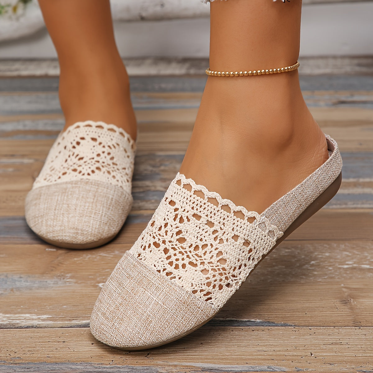 Women'S Casual Slip-On Mules - Breathable Linen and Mesh Summer Sandals, Flat Heel, Lightweight TPR Sole, Outdoor Comfort, Crochet Shoe Design | Knitted Texture Footwear, Comfortable Footwear | Crochet Pattern | Breathable Sandals