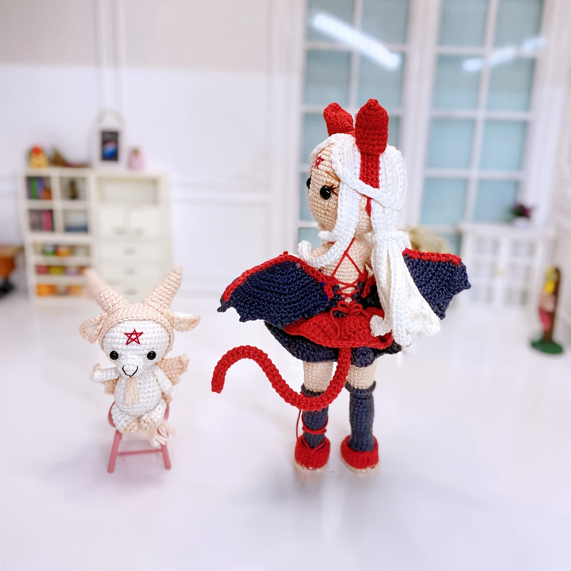 2Pieces/Set,Amigurumi Adult Crochet DIY,Red and White Witch and Little Devil,Suitable for Beginners,Includes all necessary materials for crochet,Paper English Basic Knitting Tutorial Manual,Exquisite Gift Bag,Healing Character Figurines,Can be used as a k