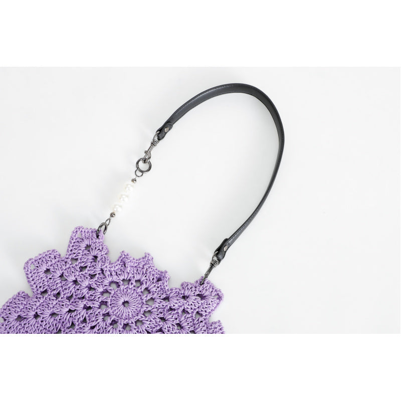 Handmade Crocheted Snowflake Hollow Crossbody Bag Pearl Tassel Leather Shoulder Strap Ethnic Style Retro Shoulder Bag