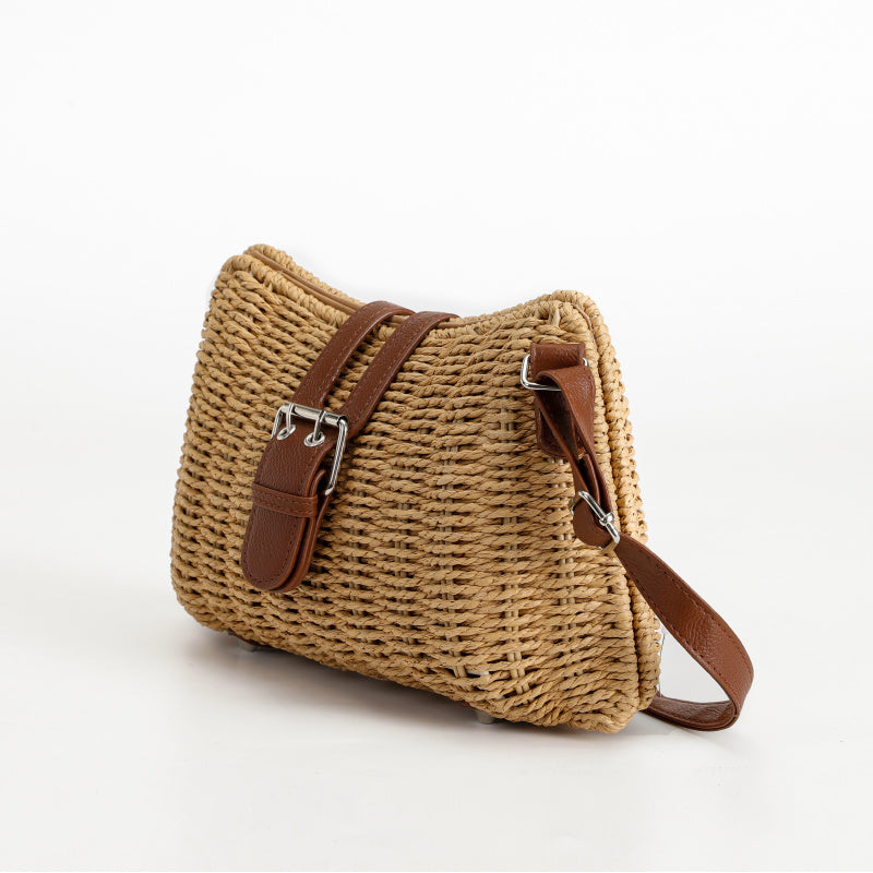 Forest Style Handwoven Tote Bag Top Layer Cowhide Flip Cover Metal Buckle Adjustable Strap Dual-use Bag Non-slip Base Design