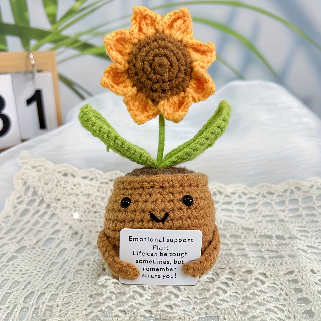 3 Handmade Soft Crochet Heart-Shaped Flower Pot,Decorated with sunflower,Emotional Support Plants,Suitable for birthday gifts and room decoration
