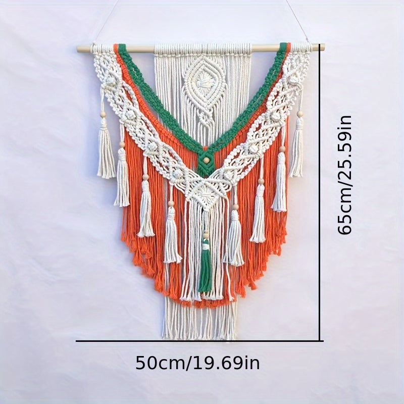 Handmade Geometric Pattern Tapestry - Bright Orange-Green Tassel Decoration Paired with White Accents,bohemian Style Home Office and Living Room Art,No Electricity Required Indoor Wall Decoration,Unique Gift Ideas