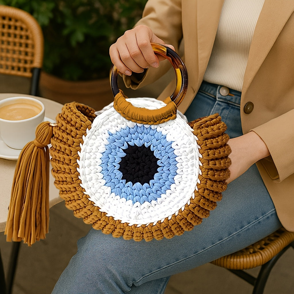 Handmade Crochet Large Capacity Bohemian Tote Bag,Eye-catching Geometric Patterns and Strap Details,Perfect for travel and outdoor activities
