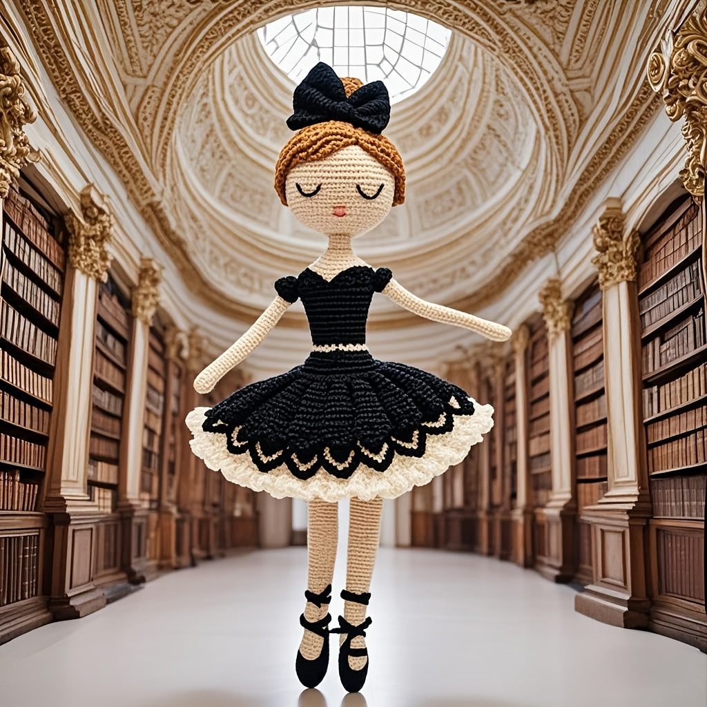 Beautiful Girl Wearing Black Ballet Dance Costume with Black Bow on Head,Adult DIY Crochet Kit with Yarn、Hook and Step-by-Step Video Tutorial,Home Decor and Birthday/Valentine's Day gift of choice