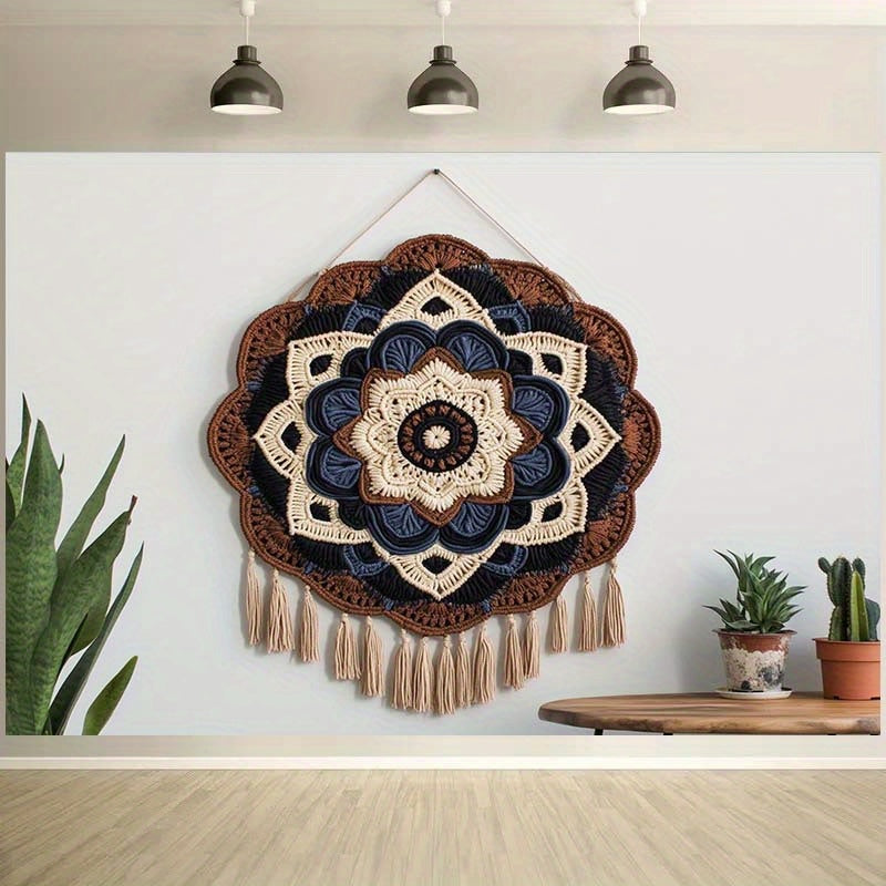 1Bohemian Mandala Wall Hanging Canvas - The Art of Complex Crochet,Designed with tassels,Plant Decoration Theme for Living Room and Outdoor Celebrations,Suitable for Party,2D Banner