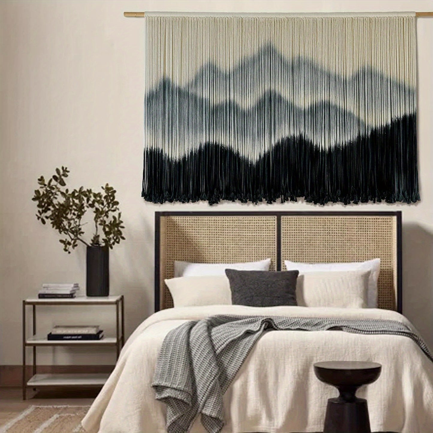 【Family relaxation】Large Bohemian Macrame Wall Hanging Canvas - Stripes、Gradient Blue and Black Fiber Art,Perfect for modern home decor,51Inches Wide x 31Inches Long,Cotton material,Bohemian Home Decor|Striped Pattern|Handmade Textile Products,McLamy Wall