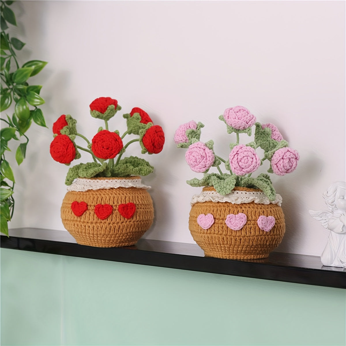1Crochet Yarn Flower Pot Plant Car Ornament Eternal Flower Yarn Ornament Bonsai Gardening Handmade Crochet Lucky Tulip Yarn Potted Plant Artificial Living Room Decoration Father's Day Mother's Day Graduation Season Halloween Christmas Decoration Artificia