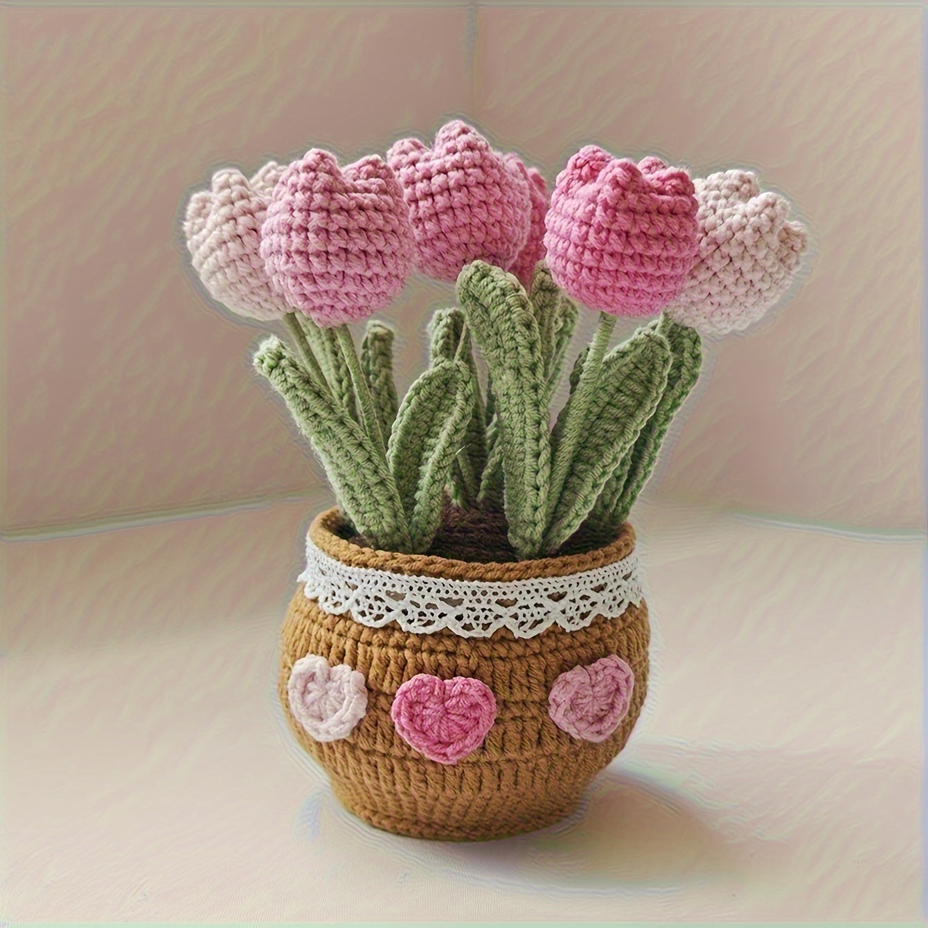 1Handmade Crochet Tulip Flower Pot Decoration for Car Dashboard,Eternal Fabric Floral Imitation Gemstone,Car Decoration,Home Gardening Lucky Twisting Line Potted Plants - Car Dashboard Hanging Decoration