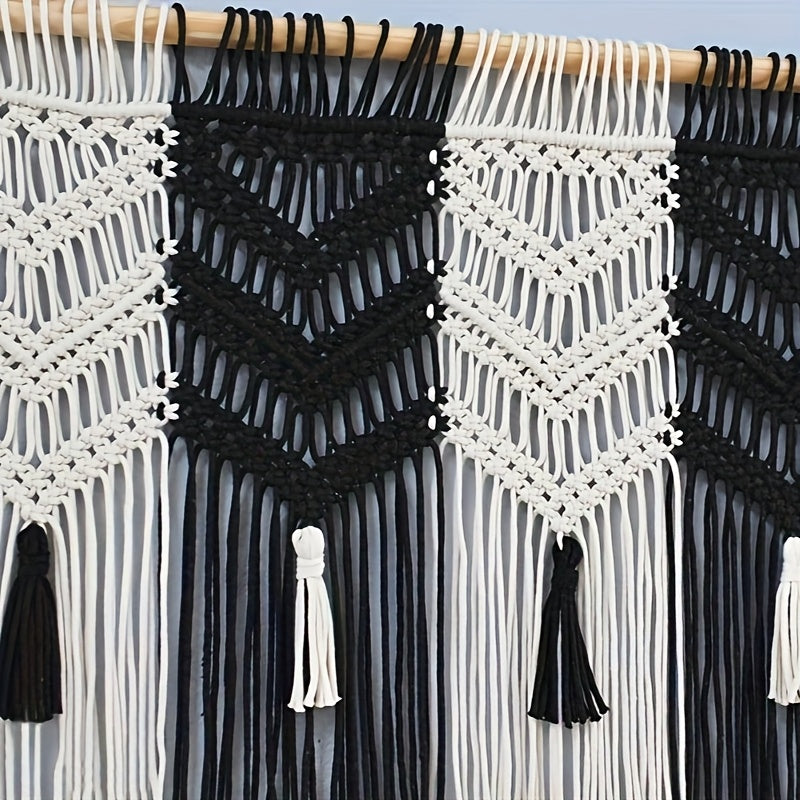 1Bohemian Style Black and White Contrast Fiber Art Tapestry with Tassels Flag Background Wall Hanging Handwoven Living Room Bedroom Bedside Fabric Partition Door Curtain - Does not include wooden poles