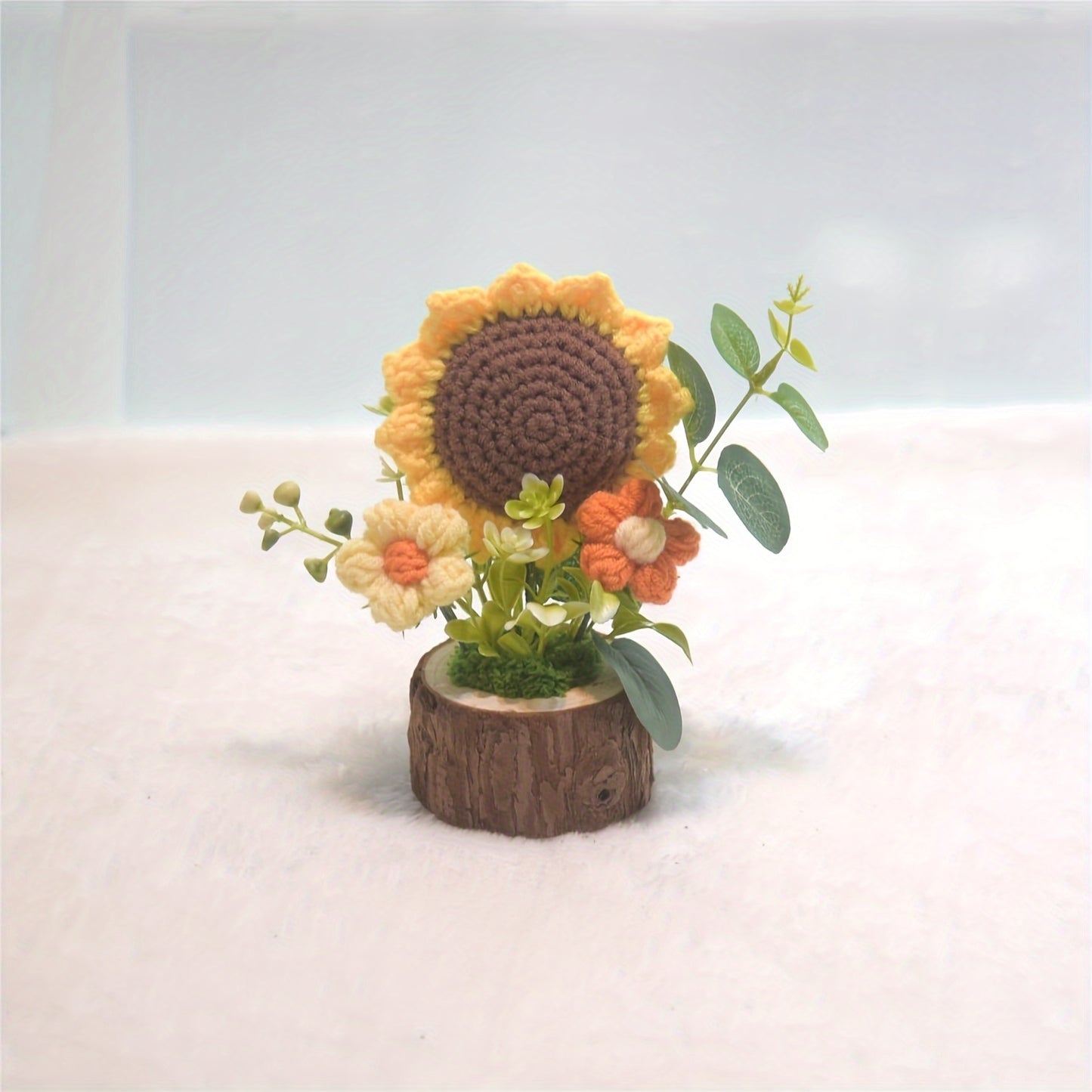 2Handmade Crochet Sunflower Flower,Knitted Mini Cute Potted Plant Home Desktop Decoration,Suitable for office desk、Gift,Sunflower