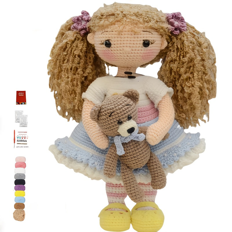 1Beginner Princess Crochet Kit,Adult Step-by-Step Crochet Kit,Curly-haired Girl and Bear DIY Woven Kit,Cute and Fun Spring and Summer Home Decorations,Birthday and Valentine's Day Gifts
