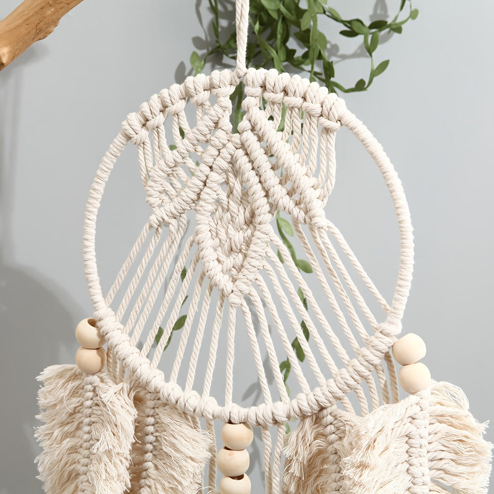 Bohemian Style Rope Wall Hanging Nordic Style Handwoven Hanging Decoration Cotton Rope+Wooden Bead Decorative Hanging Suitable for Bedroom Living Room Hallway Wall