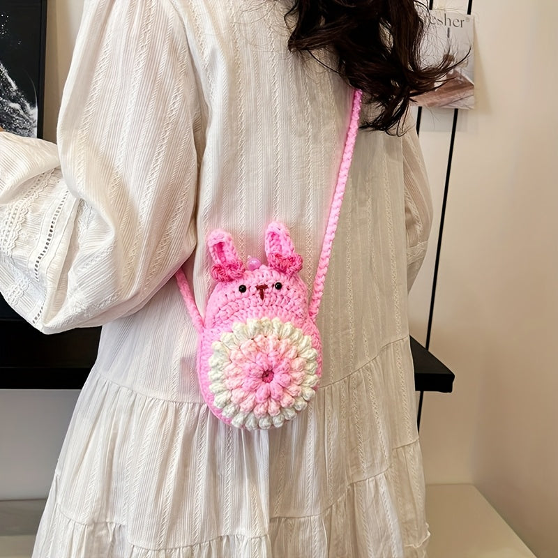 Handmade Crochet Rabbit Crossbody Bag - Adjustable Shoulder Strap,Cute Bunny Design,Suitable for mobile phones/Card/Change,Pink and yellow sweet style,Korean and Japanese Style Women's Fashion Accessories,Practical Small Bag,Fabric Craft,Simple Style,Soft