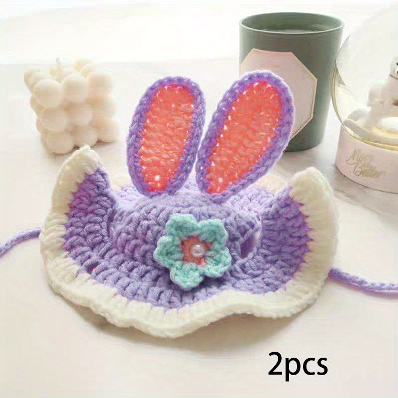 2Elegant Crochet Cat Hat with Bunny Ears,Ruffled edges and floral decorations - 100% Polyester Pet Clothing for Small to Medium Cats - Birthday、Holiday and Travel Photography Accessories - Comfortable Pet Clothing,Cute Bunny Theme,Comfortable Close-Fittin