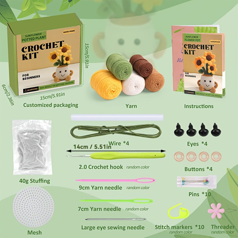 Complete Sunflower Crochet Kit with Video Tutorial - Adult DIY Handmade material,Including fabric
