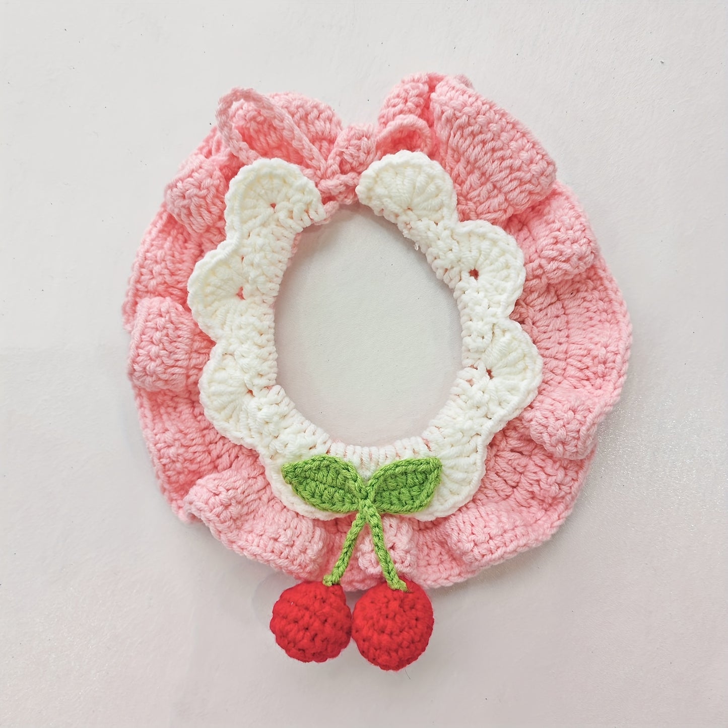 Handmade Cute Crochet Cat and Dog Scarf,Comes with a pink bow tie、Rabbit ears and cherry embellishments – Lightweight、Fashion、Suitable for All Seasons – Suitable for small to large pets