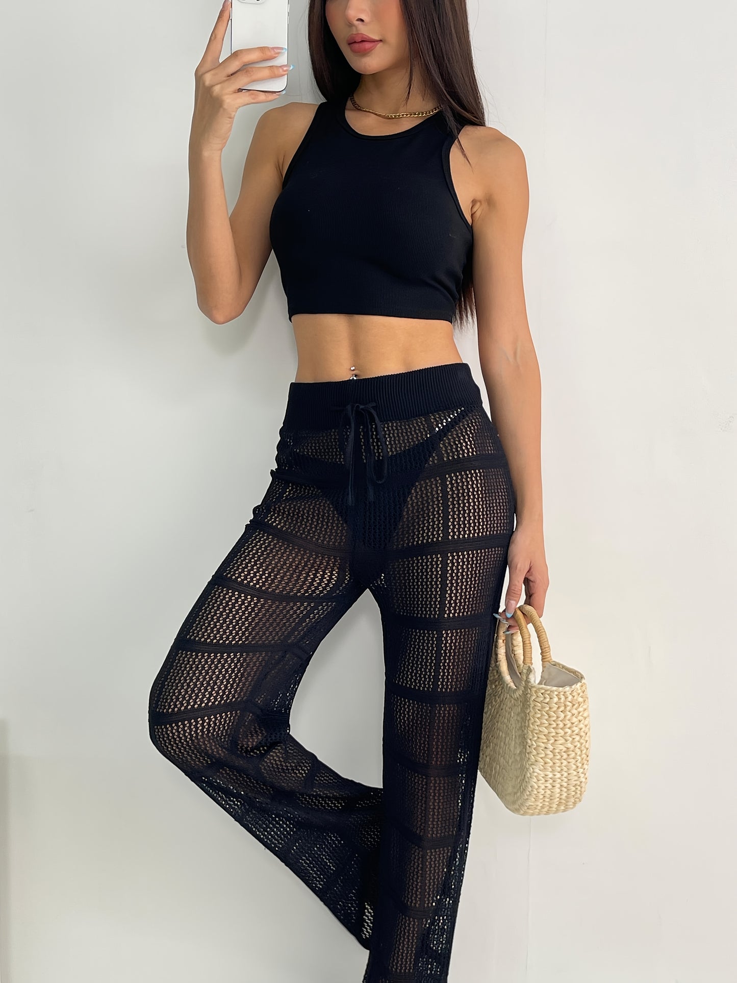 Openwork Women's Elegant Beach Knitted Trousers for Vacation Spring and Summer Elastic Waistband Semi-Transparent