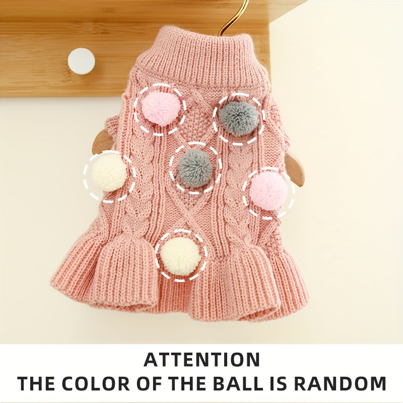 Puppy Pet Clothes Autumn Winter Knitted Warm Sweater Teddy Bichon Small Dog Pullover Yarn Dress-Pleated Wool Dress