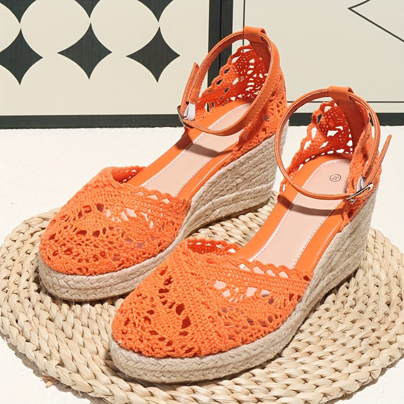 Elegant Women'S Fashionable Flat Sandals - Orange Crochet Design, Thick Sole, Ankle Strap with Buckle, Round Toe, Comfortable High-Heel Sandals for Summer, Casual Footwear | Crochet Sandals | Platform Sandals