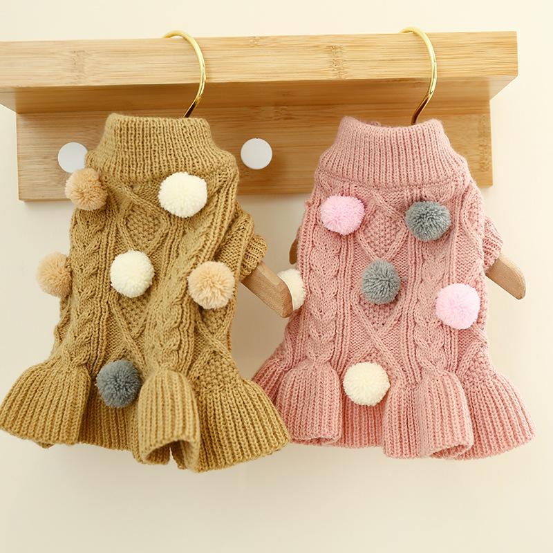 Puppy Pet Clothes Autumn Winter Knitted Warm Sweater Teddy Bichon Small Dog Pullover Yarn Dress-Pleated Wool Dress