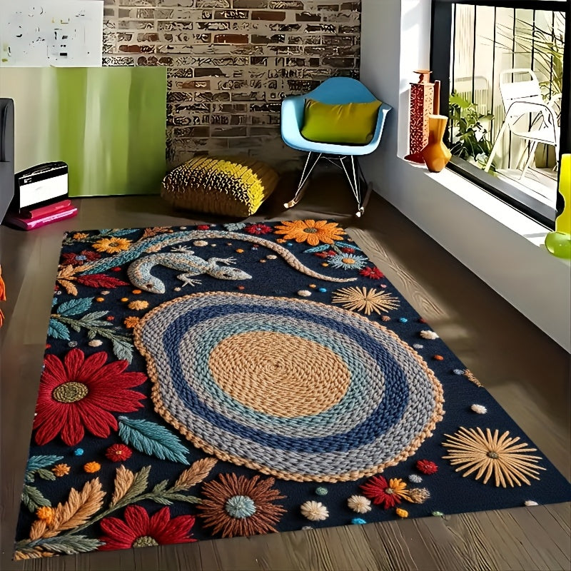 1pc Bohemian Crochet Lizard & Floral Design Velvet Carpet, 850g/m² + 6mm Thick, Polyester Backing, Natural & Stylish for Home Decor, Picnics, Desk, Camping, Room Decoration, Picnic Mat | Floral Pattern Mat | Durable Floor Ma