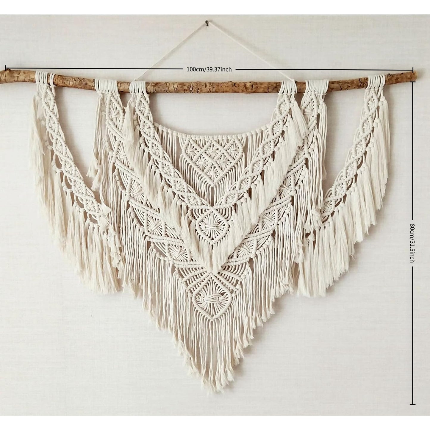 39 Inches Wide x 31 Inch Long Bohemian Style Driftwood Wall Hanging Tapestry,Featuring white tassels and intricate crochet patterns - Perfect for Bedroom、Living Room、Apartment and Wedding Decoration、Home Decoration and Accessories