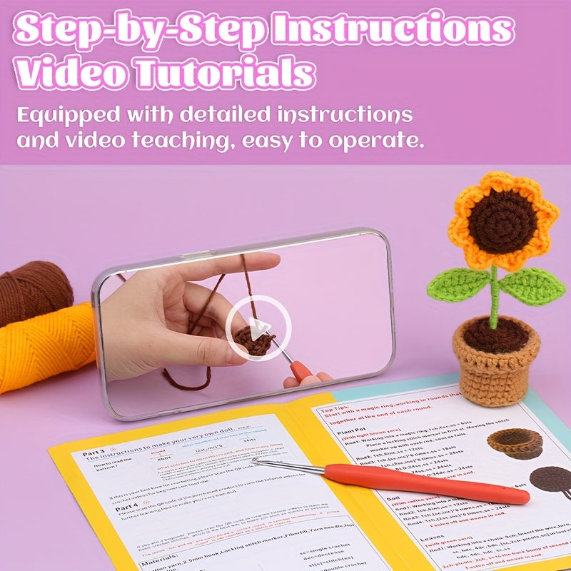 Beginner Crochet Kit,Flower Crochet Starter Kit,Home Decoration Yarn Kit with Step-by-Step Instructions and Video Tutorials