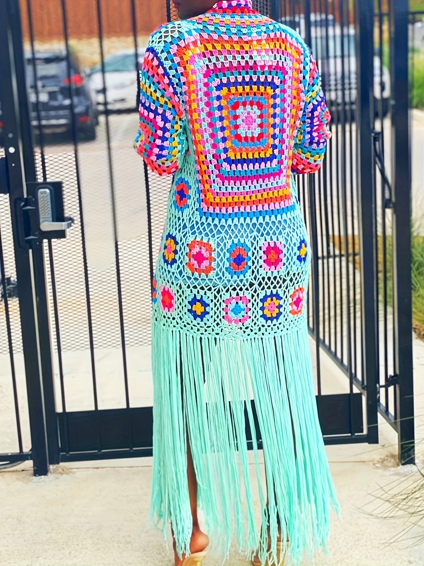 EDOLYNSA Handmade Crochet Tassel Women's Elegant Sweater Jacket Casual Vacation Long Cardigan Women's Spring and Autumn Jacket Swimwear Cover-up A1215