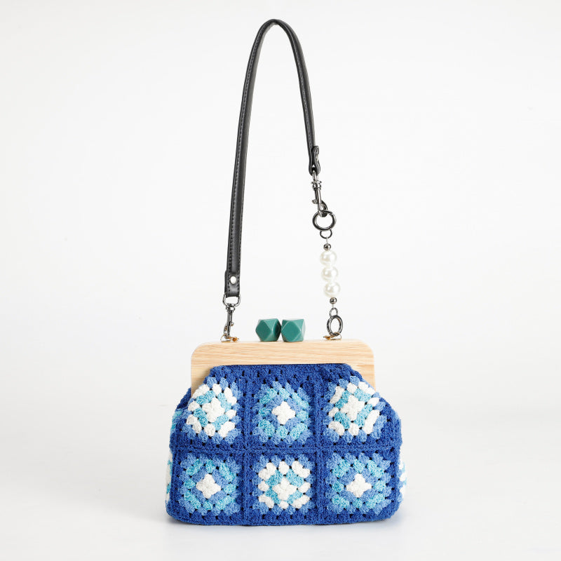 Vintage Handmade Blue Handicraft Crochet Hand Bag Flower Wooden Coin Purse Leather Shoulder Strap Bohemian Woven Handbag