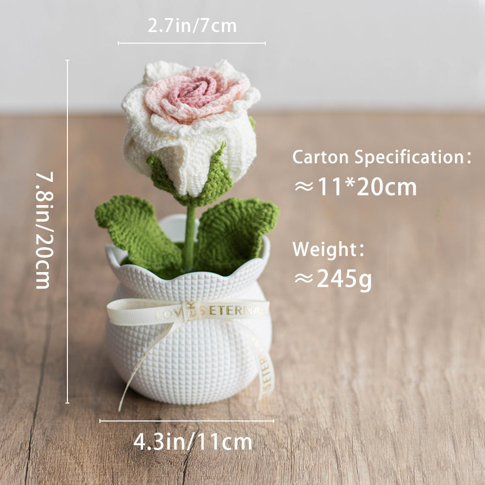 Finished Handmade Yarn Crochet Rose Artificial Flower Potted Plant Office Desk Potted Plant Knitted Flower Ornament