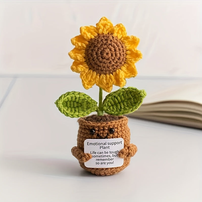 Handmade Crochet Sunflower Potted Plant with Inspirational Quotes - Rainbow Smiley Face Artificial Flower,Home、Office or desktop decoration - Mother's Day、Perfect choice for Valentine's Day or graduation gifts