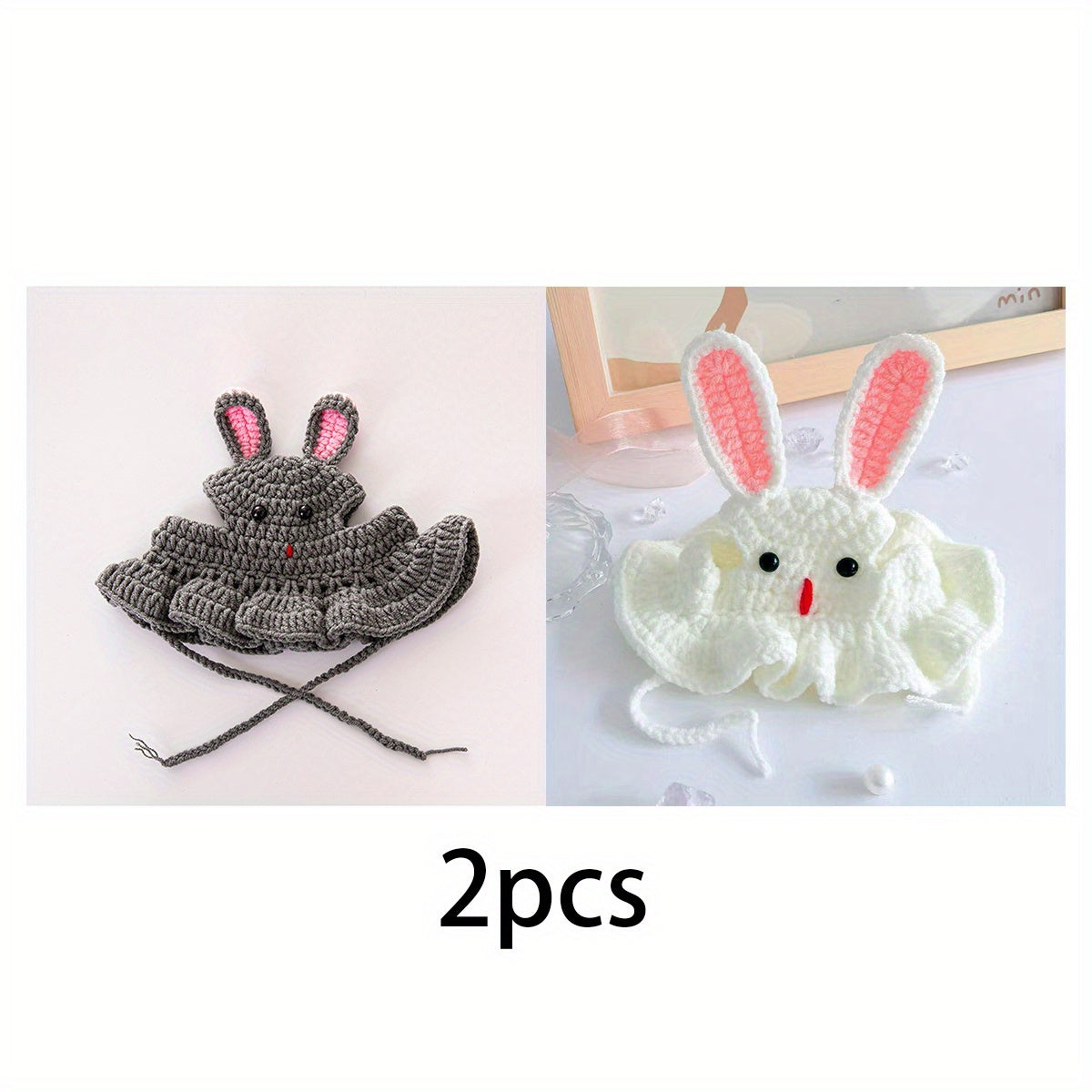 2Elegant Crochet Cat Hat with Bunny Ears,Ruffled edges and floral decorations - 100% Polyester Pet Clothing for Small to Medium Cats - Birthday、Holiday and Travel Photography Accessories - Comfortable Pet Clothing,Cute Bunny Theme,Comfortable Close-Fittin