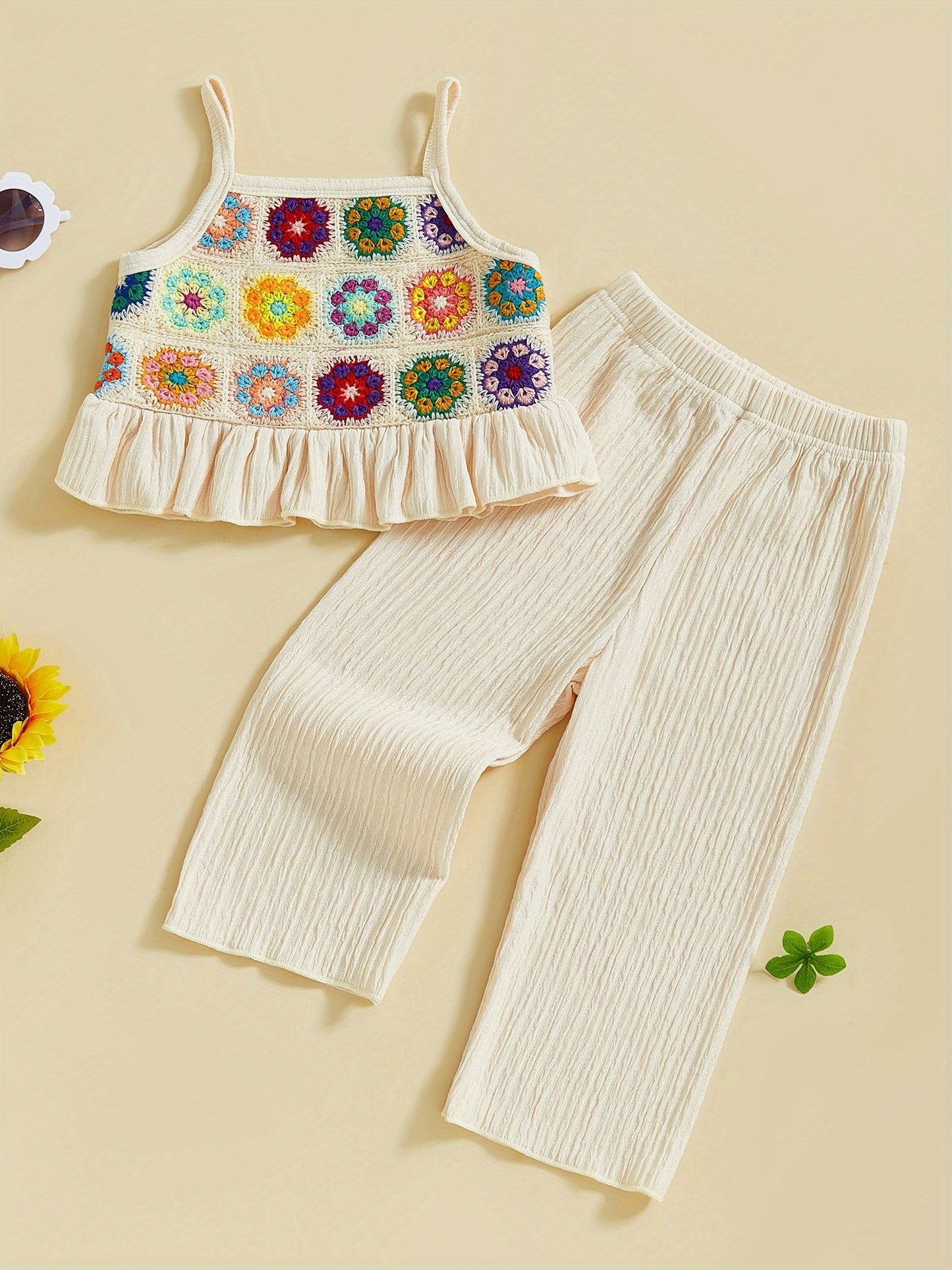 Toddler Girl 2 Decorative Flowers in Bulk/Fruit Rolled Hem Tank Tops and Elastic Pants Set Baby Summer Outfits,Outdoor