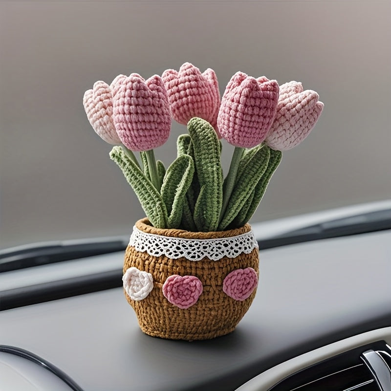 1Handmade Crochet Tulip Flower Pot Decoration for Car Dashboard,Eternal Fabric Floral Imitation Gemstone,Car Decoration,Home Gardening Lucky Twisting Line Potted Plants - Car Dashboard Hanging Decoration