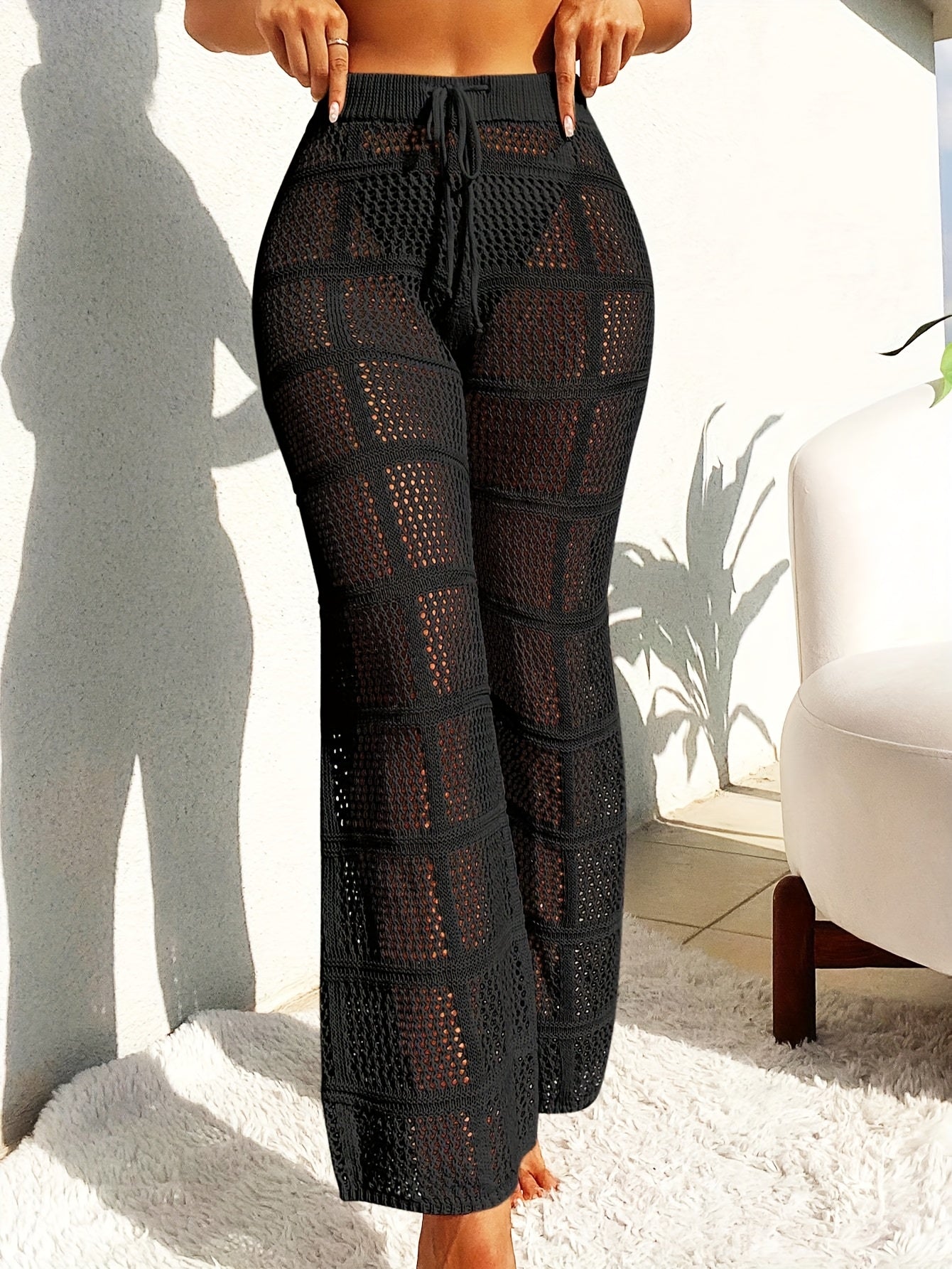 Openwork Women's Elegant Beach Knitted Trousers for Vacation Spring and Summer Elastic Waistband Semi-Transparent