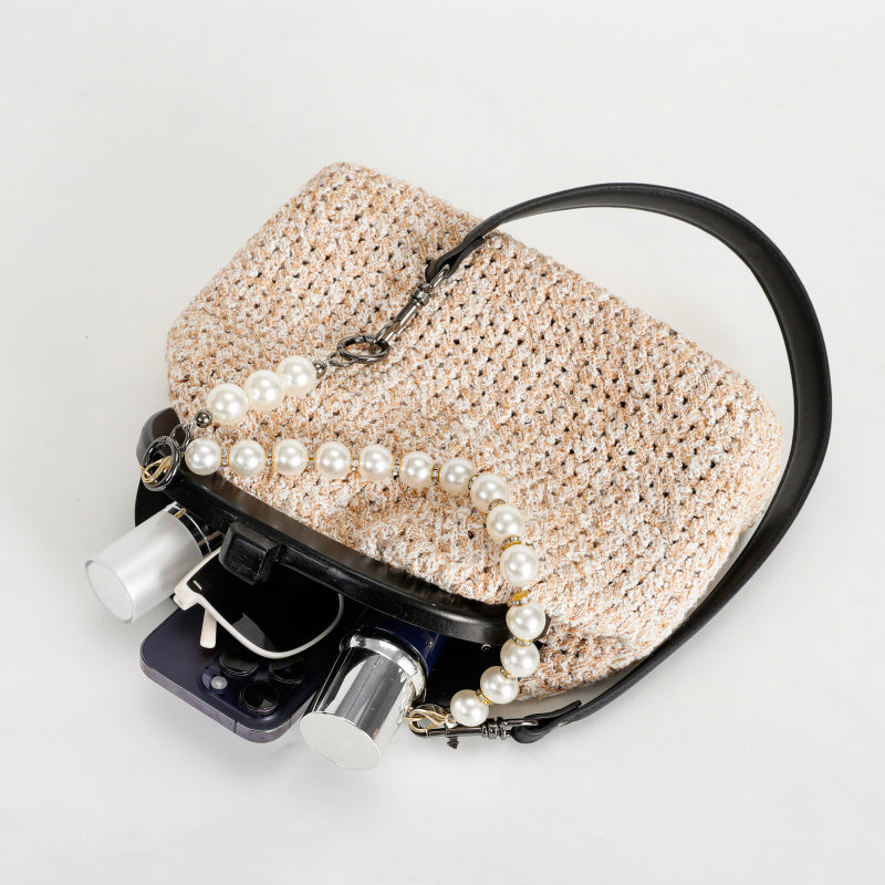 Sweet Pearl Decorative Beige Straw Cross Body Bag Black Leather Shoulder Strap+Pearl chain Entry Lux Elegant Women's Bag