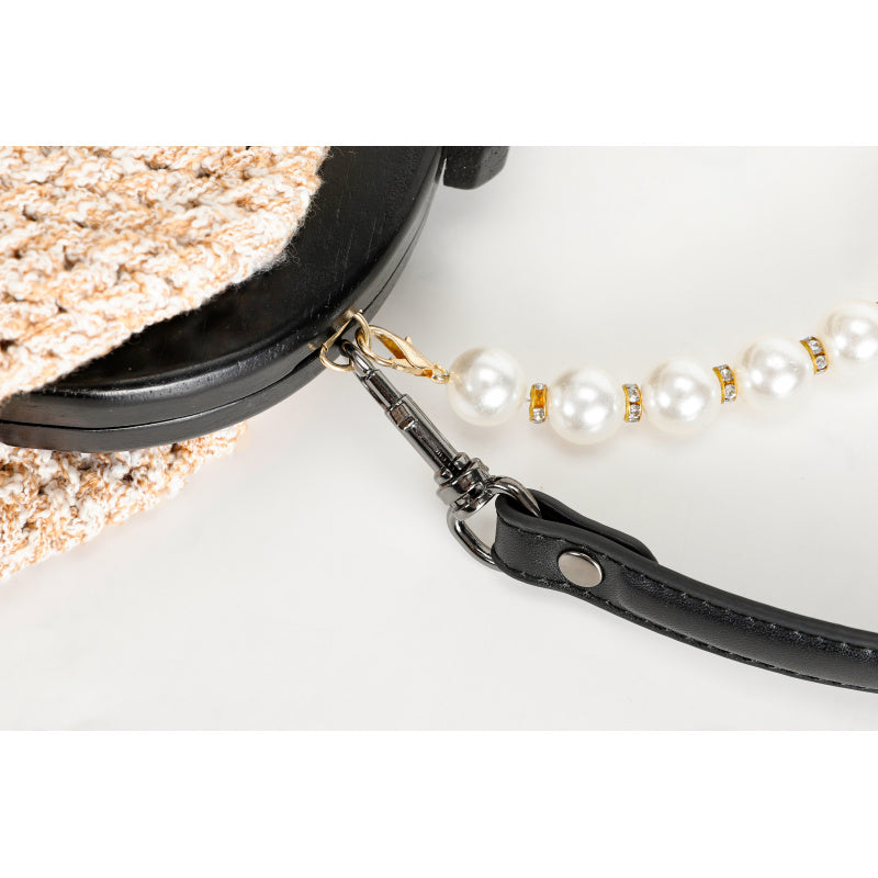 Sweet Pearl Decorative Beige Straw Cross Body Bag Black Leather Shoulder Strap+Pearl chain Entry Lux Elegant Women's Bag