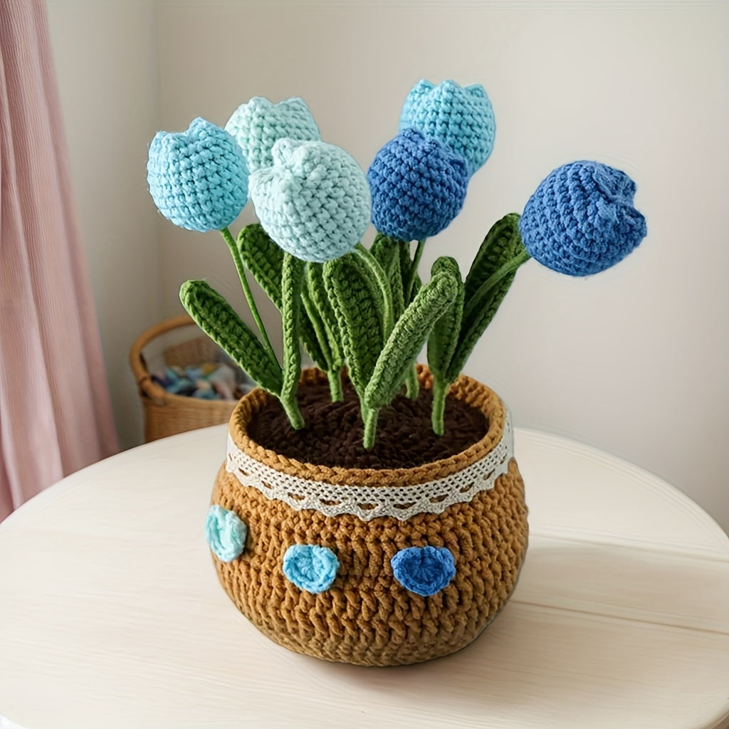 Heartfelt Gift Handmade Crochet Artificial Tulip Potted Plant Yarn Craft Home Decoration or Office Decoration