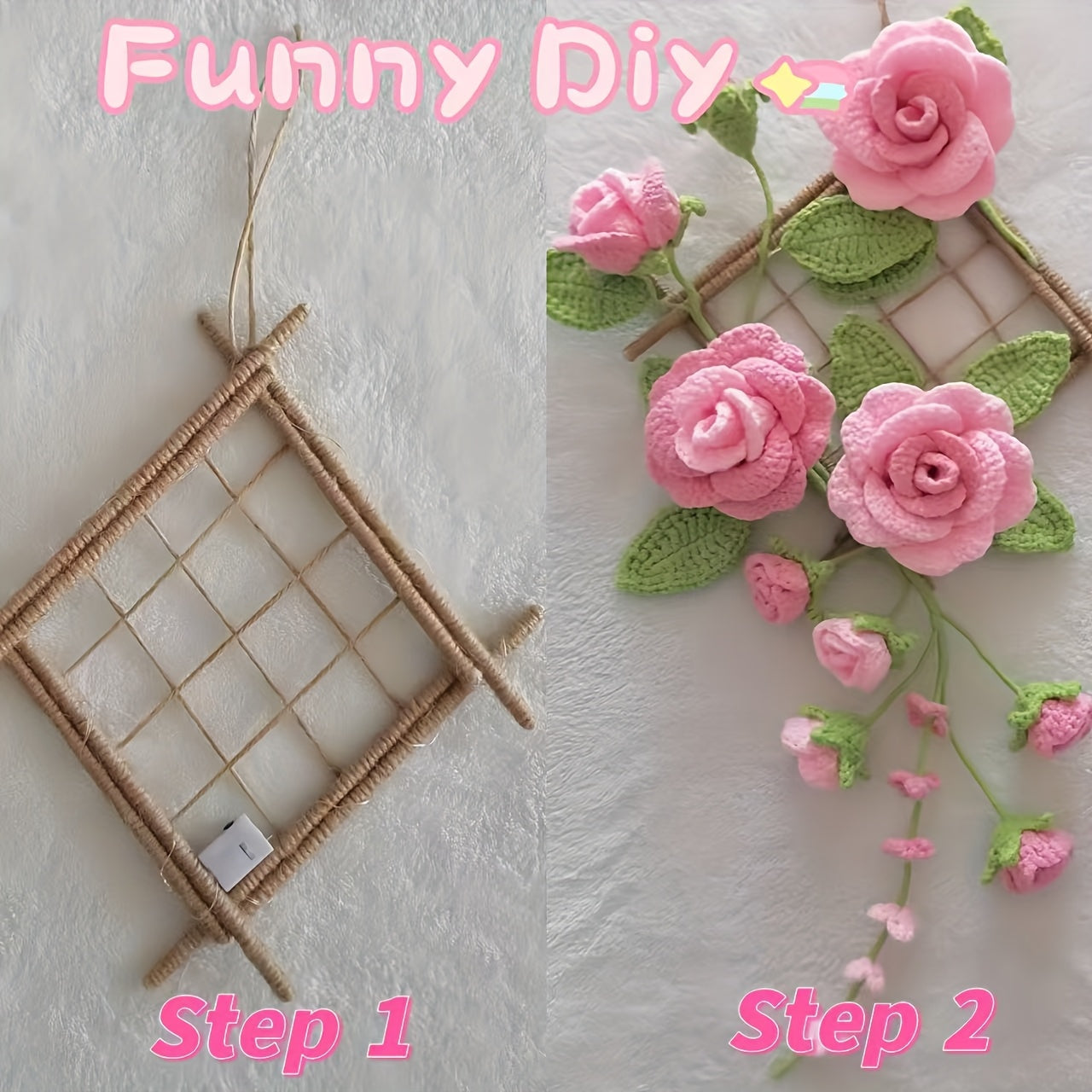 1Bohemian Crochet Flower Decorative Wall Hanging Set,DIY Interesting Spring Pink Floral Home Decor,Knitted Rose Artificial Flower Wall Hanging Decoration,Gift for Family、Friends、A housewarming gift for a colleague's new home