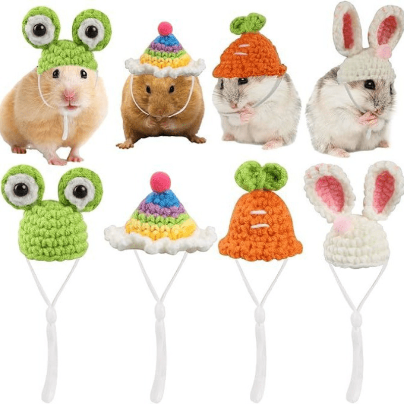 4 Pack of Handmade Crochet Animal Hats,Suitable for Hamsters、Small Pets and Reptiles - Polyester Comfort Hat,Decorated with cute ears and eyes,Suitable for Christmas and Winter