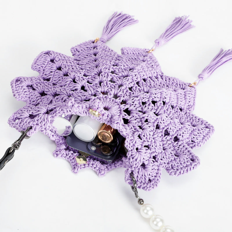 Handmade Crocheted Snowflake Hollow Crossbody Bag Pearl Tassel Leather Shoulder Strap Ethnic Style Retro Shoulder Bag