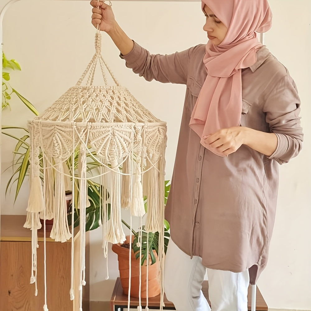 1Pieces Large Handwoven Macrame Tassel Hanging Decorative Lampshade Can be used as a bed canopy Bohemian Style Hanging Pendant Light Decorative Lampshade - Does not include lights