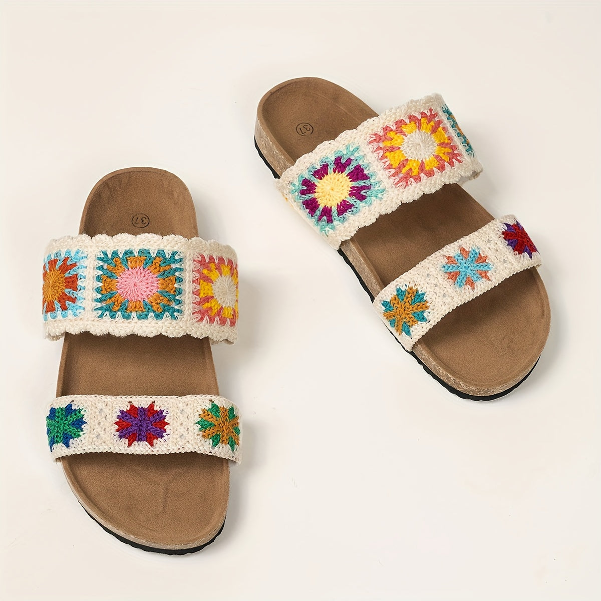 Women's Black Apricot Knitted Cute Floral Double-V Straps Round Toe Open-Toe Slip-On Fashionable Versatile Flat Slippers with Non-Slip Wear-Resistant Large Size Home Shoes Suitable for Vacation Travel Bohemian Style Sandals