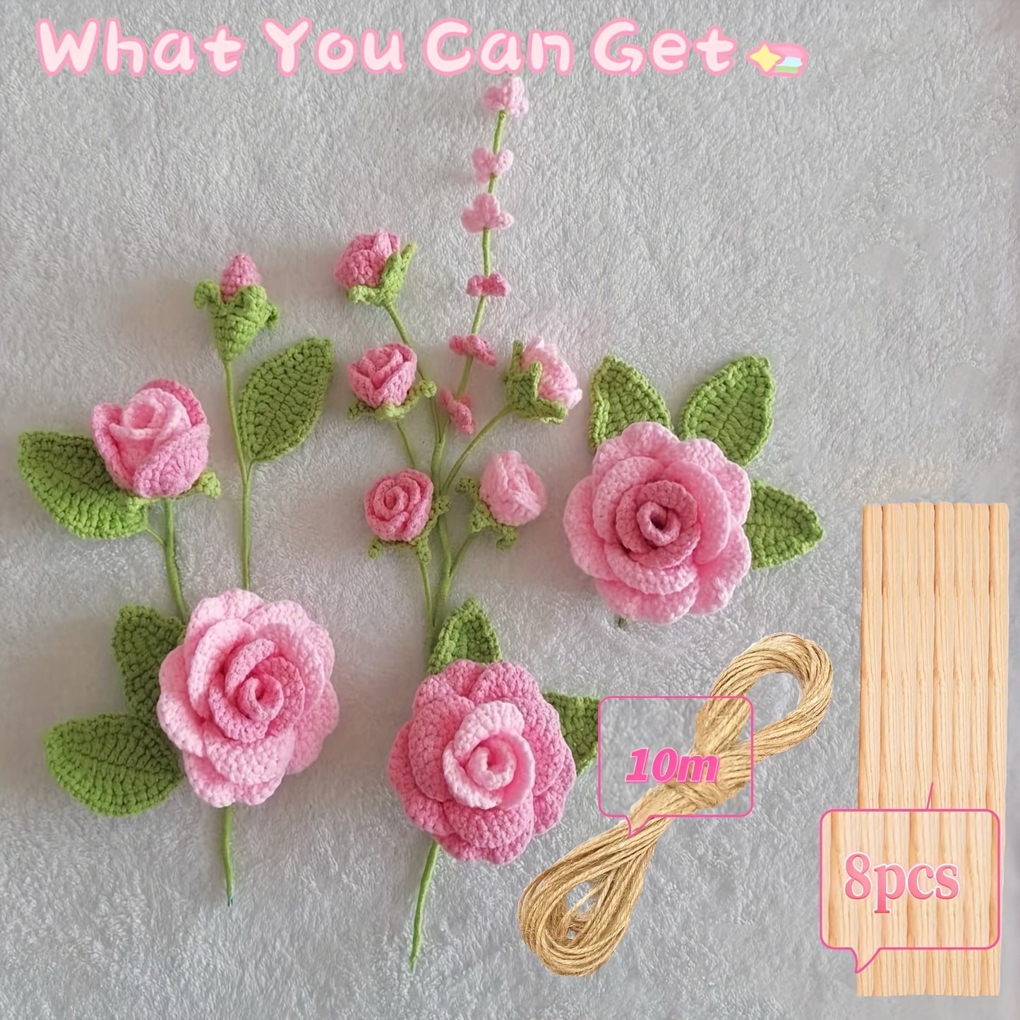 1Bohemian Crochet Flower Decorative Wall Hanging Set,DIY Interesting Spring Pink Floral Home Decor,Knitted Rose Artificial Flower Wall Hanging Decoration,Gift for Family、Friends、A housewarming gift for a colleague's new home